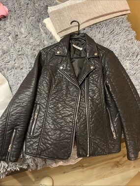JustFab Black Faux Leather Moto Jacket with Silver Hardware